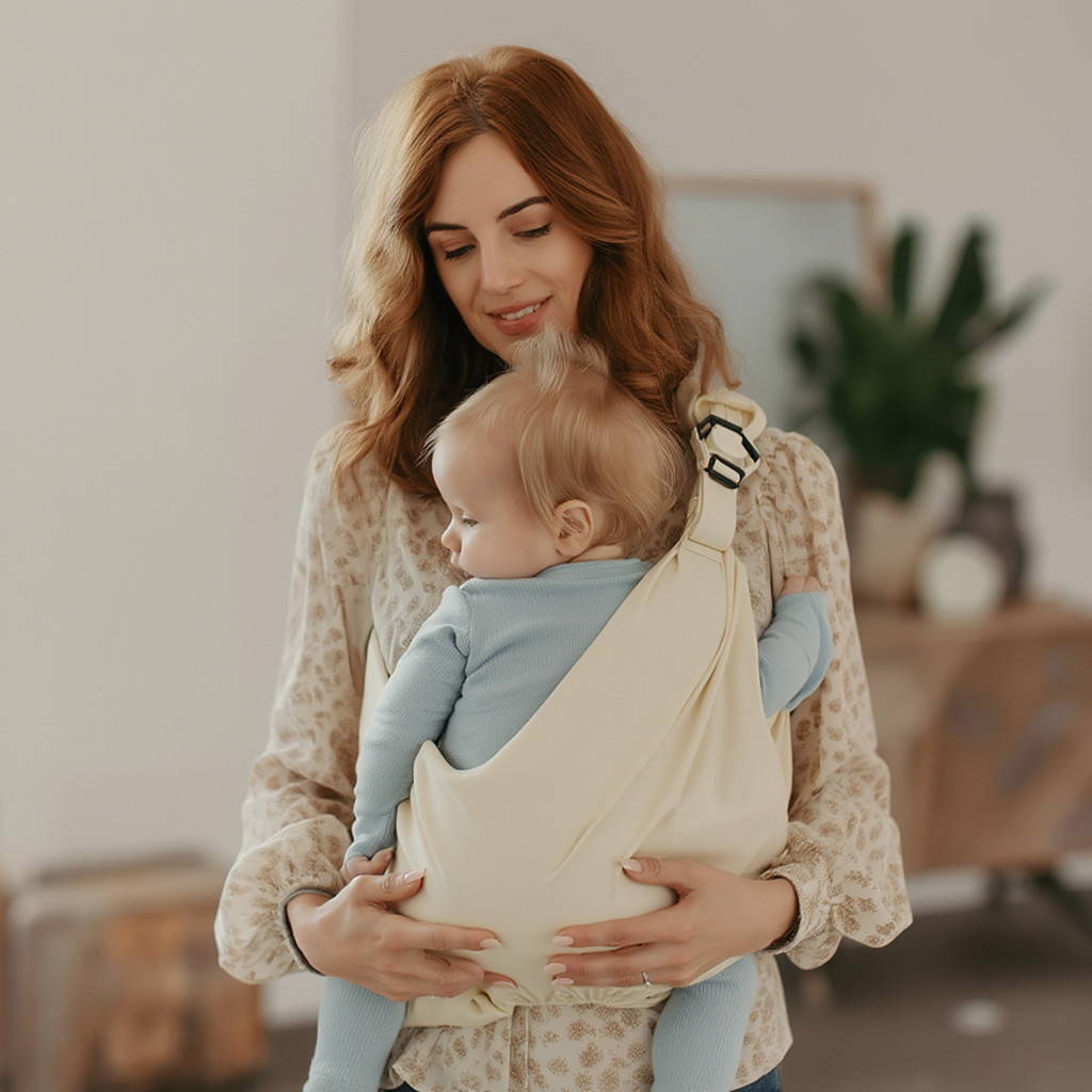 Porte-bébé bandoulière beige ergonomique – portage ventral, latéral et horizontal pour bébé