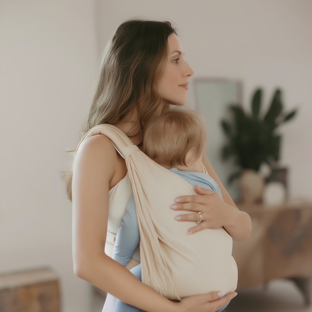 Porte-bébé bandoulière beige ergonomique – portage ventral, latéral et horizontal pour bébé
