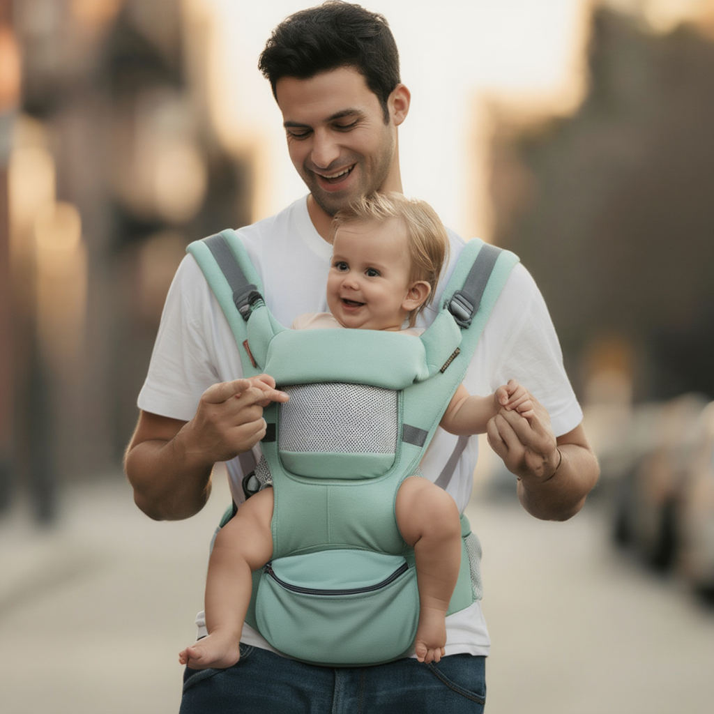 Porte-bébé ergonomique vert PetitHug — portage extérieur