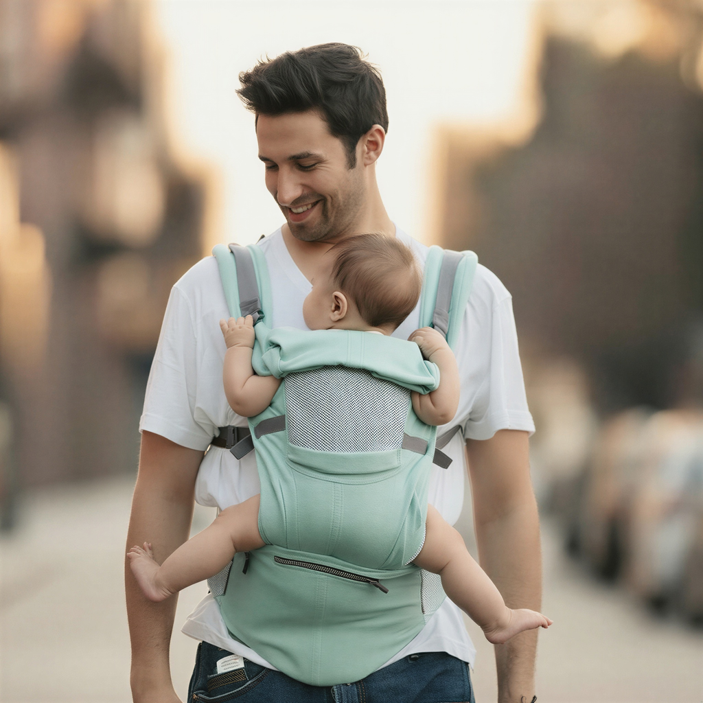 Papa portant bébé avec porte-bébé ergonomique PetitHug vert