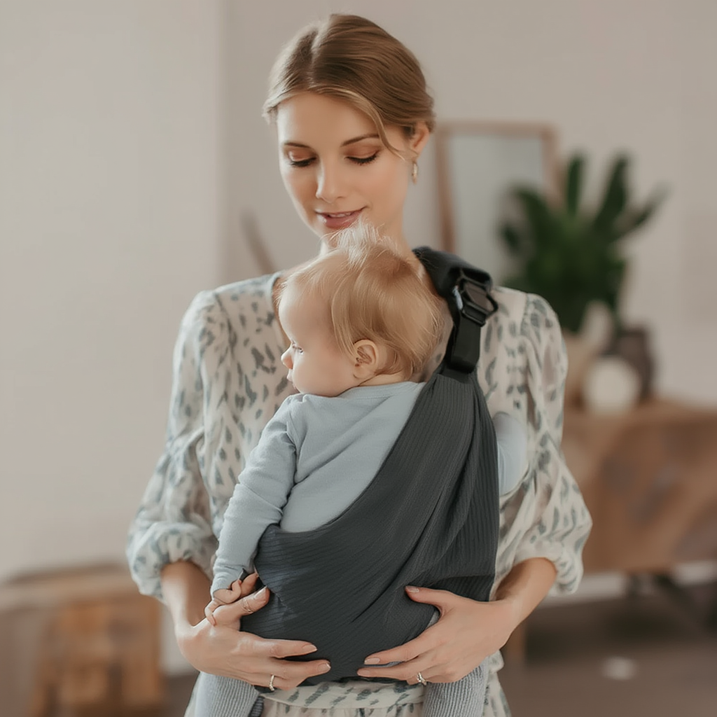 Porte-bébé bandoulière gris ergonomique – portage ventral, latéral et horizontal pour bébé