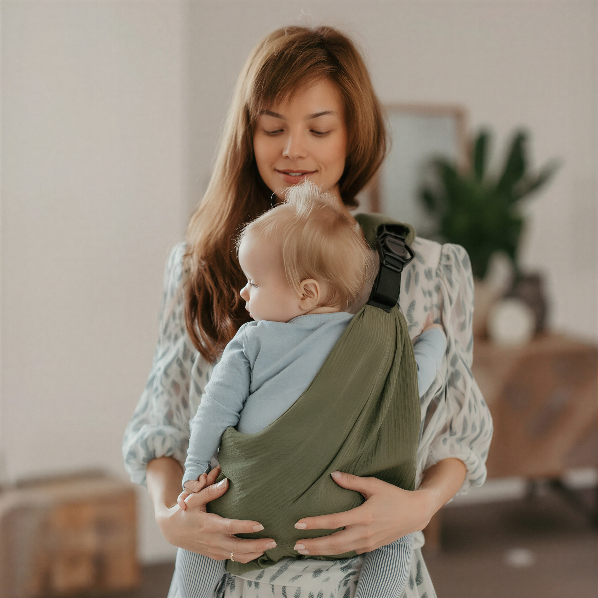 Porte-bébé bandoulière vert pois ergonomique – portage ventral, latéral et horizontal pour bébé