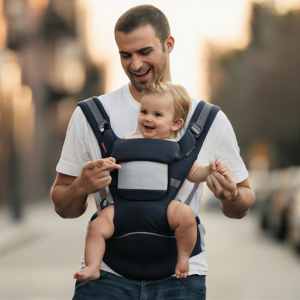 Porte-bébé ergonomique physiologique réglable bleu foncé – portage ventral, dorsal et latéral pour nouveau-né