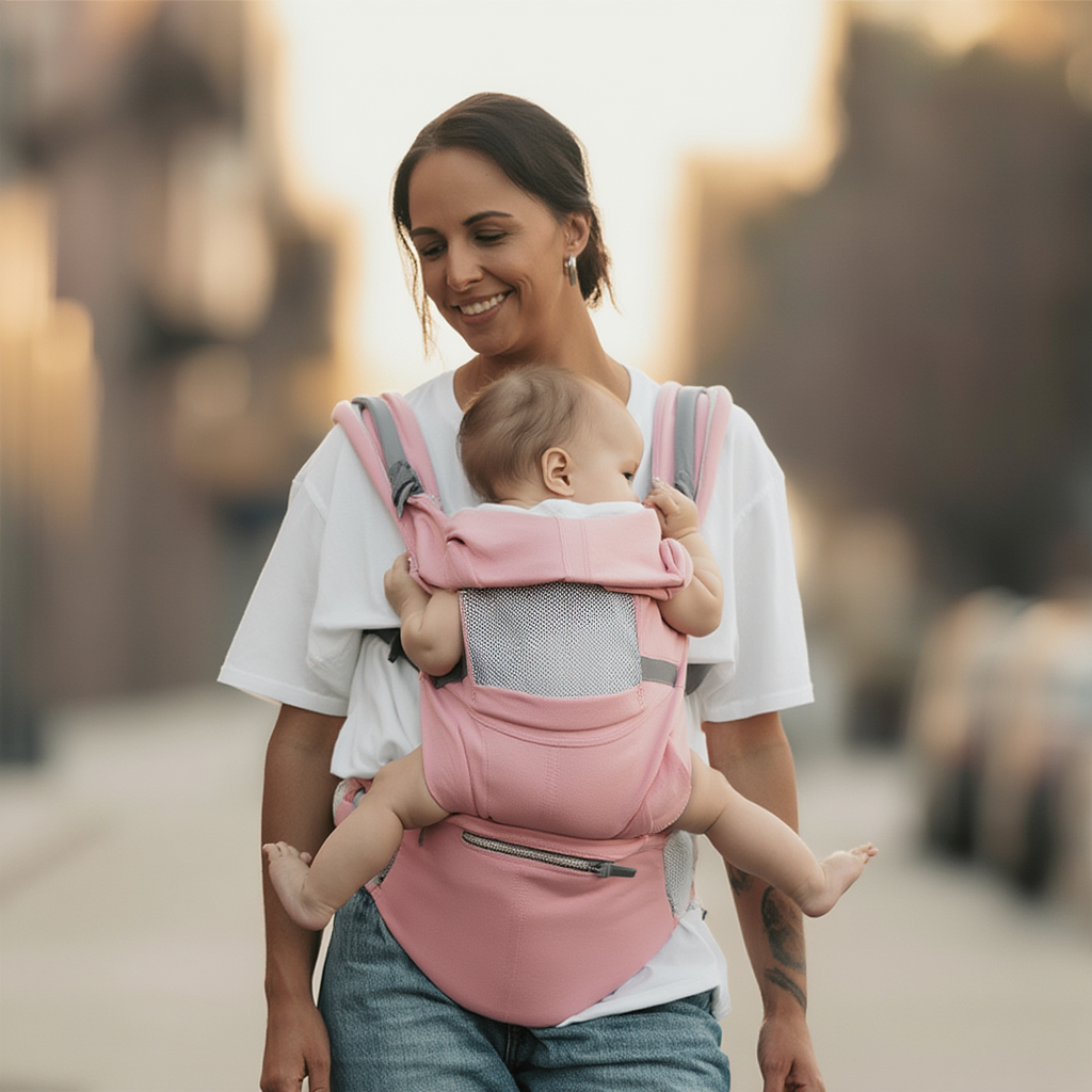 Porte-bébé ergonomique physiologique réglable rose – portage ventral, dorsal et latéral pour nouveau-né