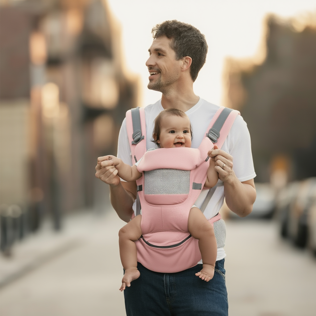 Porte-bébé ergonomique physiologique réglable rose – portage ventral, dorsal et latéral pour nouveau-né