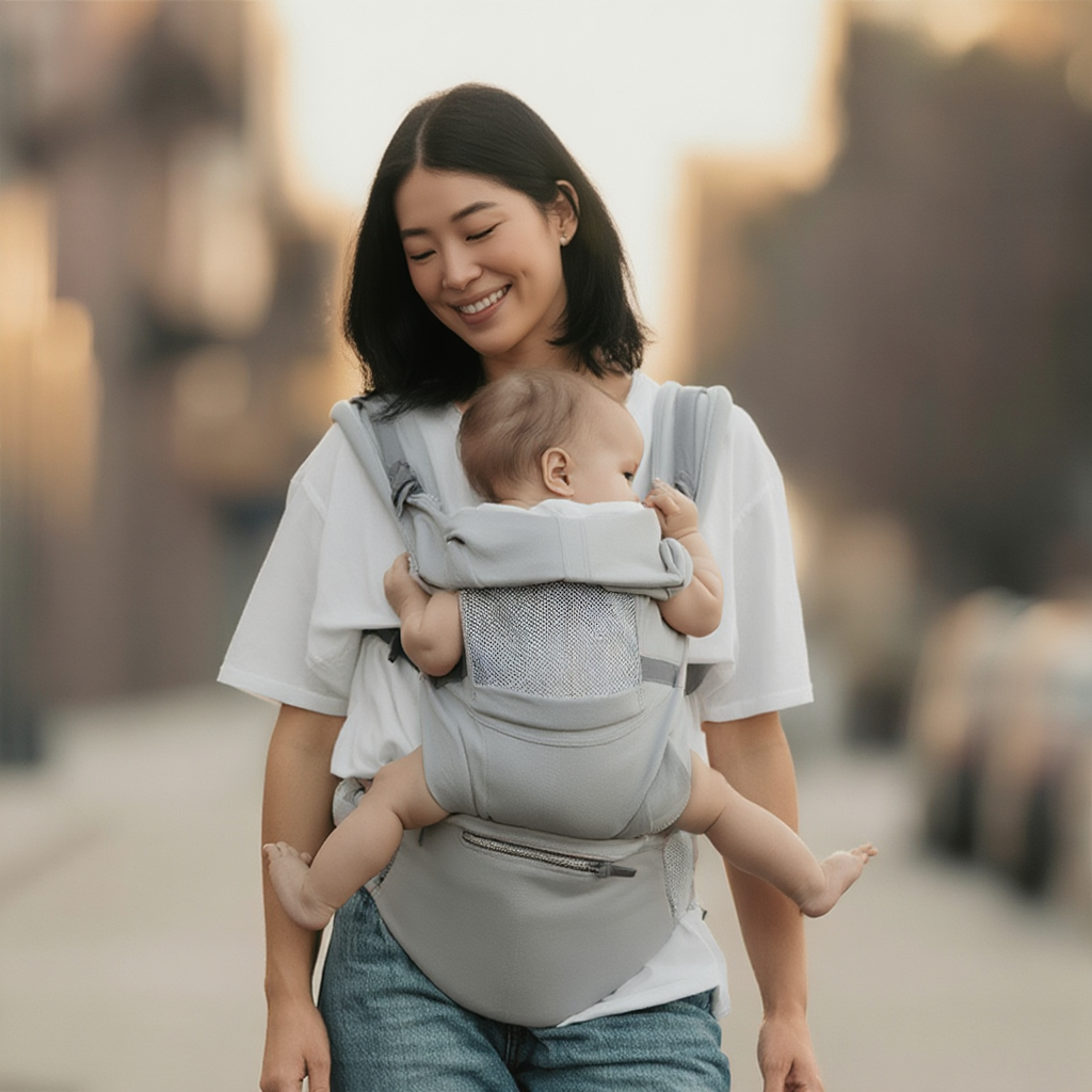 Porte-bébé ergonomique physiologique réglable gris – portage ventral, dorsal et latéral pour nouveau-né