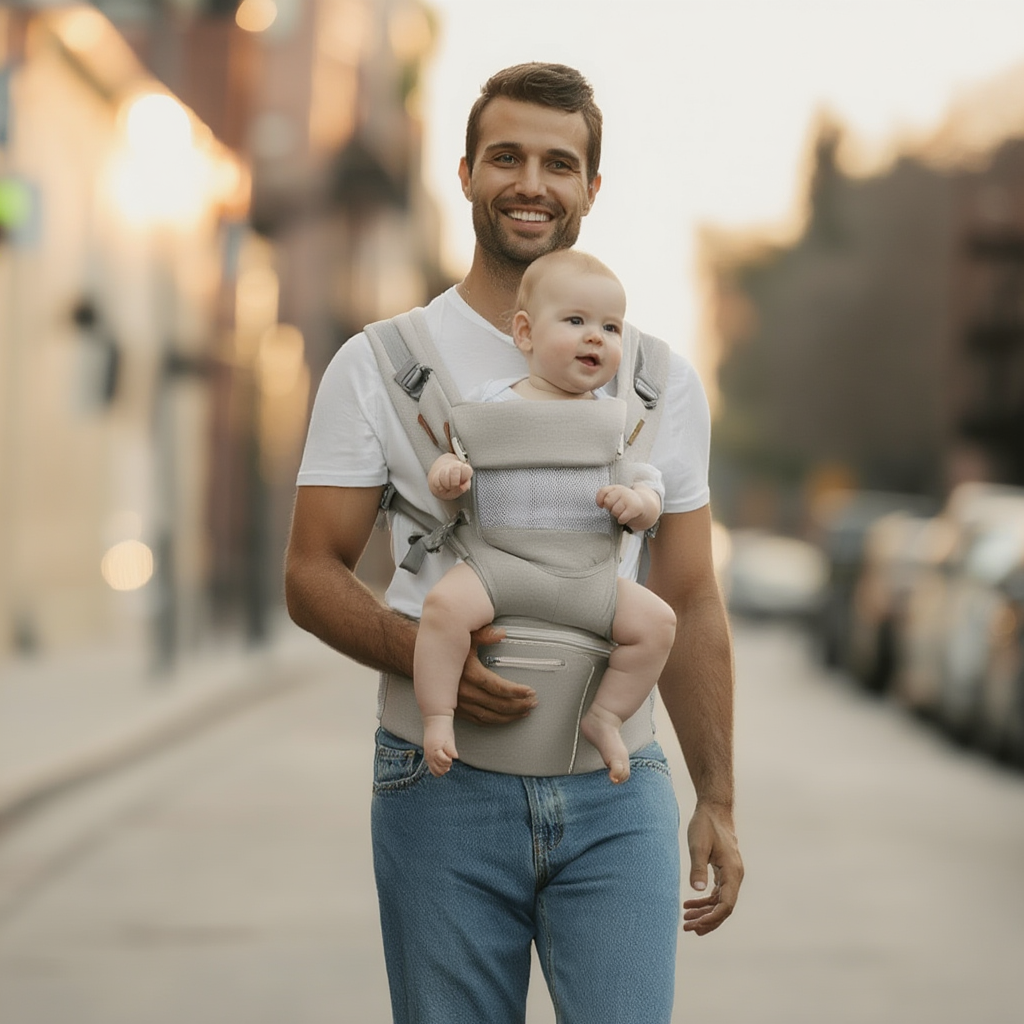 Porte-bébé ergonomique physiologique réglable gris – portage ventral, dorsal et latéral pour nouveau-né