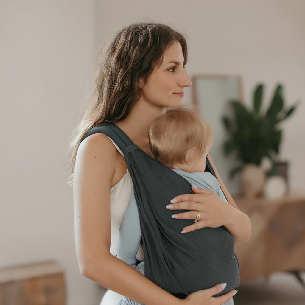 Porte-bébé bandoulière gris ergonomique – portage ventral, latéral et horizontal pour bébé