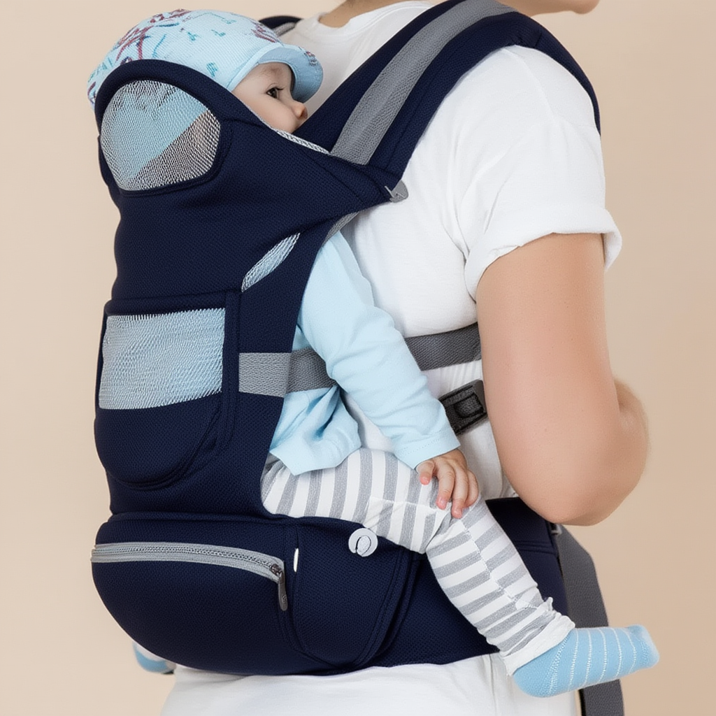 Porte-bébé ergonomique physiologique réglable bleu foncé – portage ventral, dorsal et latéral pour nouveau-né